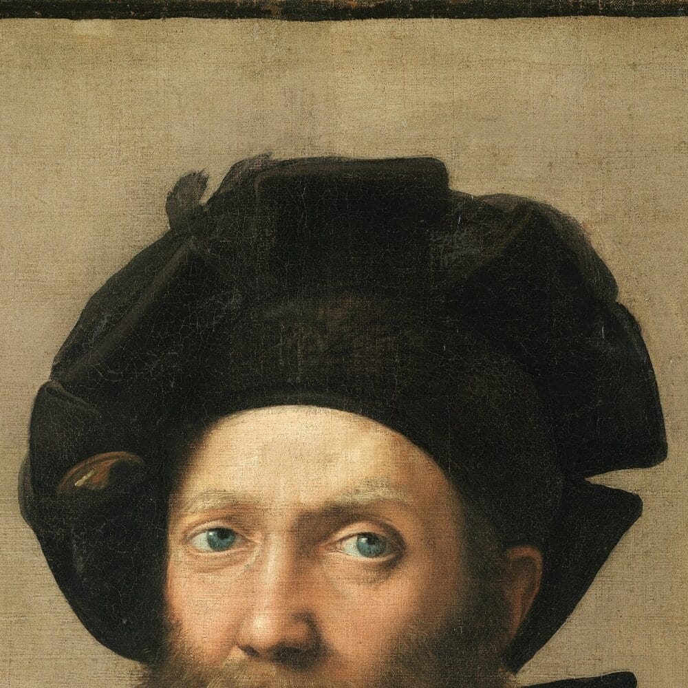 Detail of Portrait of Baldassare Castiglione by Raphael showing the brushwork and surface texture of the painting Detail of Portrait of Baldassare Castiglione by Raphael showing the brushwork and surface texture of the painting