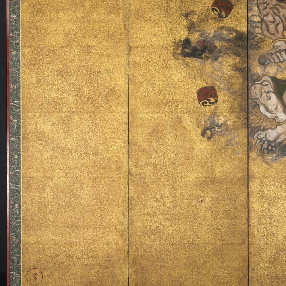 Detail of Raijin, God of Thunder by Tawaraya Sotatsu showing the brushwork and surface texture of the painting Detail of Raijin, God of Thunder by Tawaraya Sotatsu showing the brushwork and surface texture of the painting