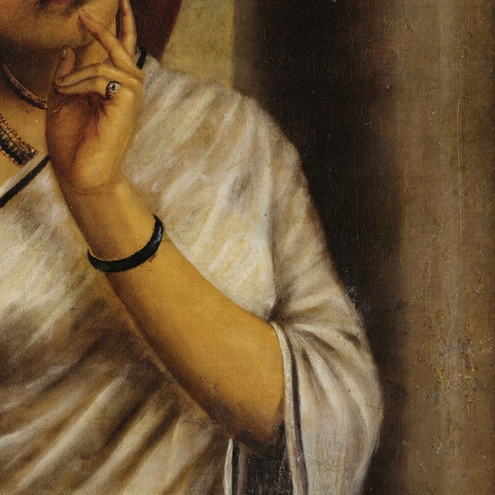 Detail of Reverie by Raja Ravi Varma showing the brushwork and surface texture of the painting Detail of Reverie by Raja Ravi Varma showing the brushwork and surface texture of the painting