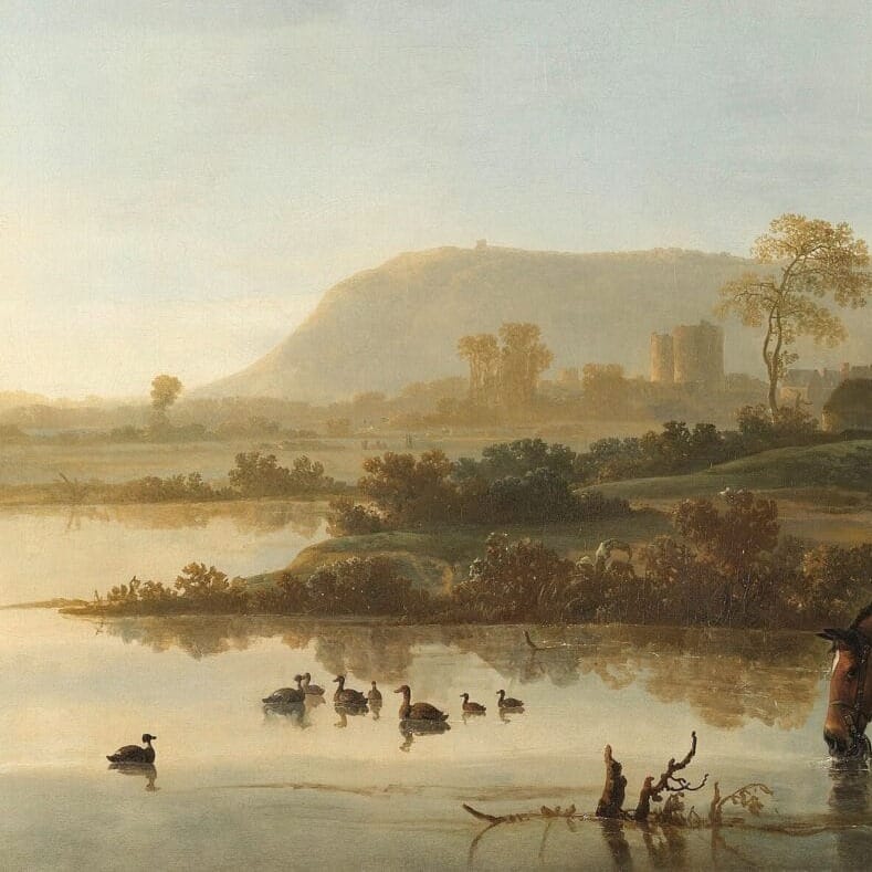 Detail of River Landscape with Riders by Aelbert Cuyp showing the brushwork and surface texture of the painting Detail of River Landscape with Riders by Aelbert Cuyp showing the brushwork and surface texture of the painting