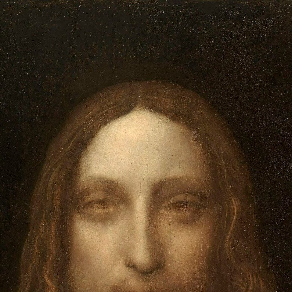 Detail of Salvator Mundi (Savior of the World) by Leonardo da Vinci showing the brushwork and surface texture of the painting Detail of Salvator Mundi (Savior of the World) by Leonardo da Vinci showing the brushwork and surface texture of the painting