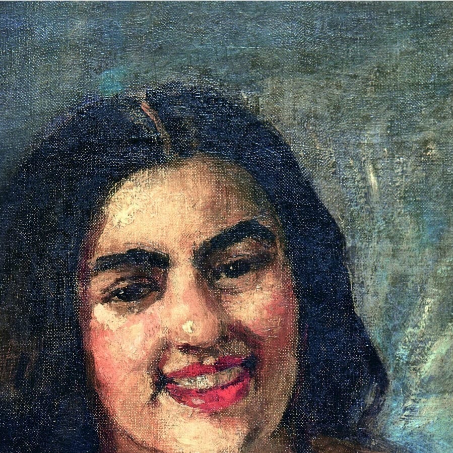 Detail of Self-Portrait by Amrita Sher-Gil showing the brushwork and surface texture of the painting Detail of Self-Portrait by Amrita Sher-Gil showing the brushwork and surface texture of the painting