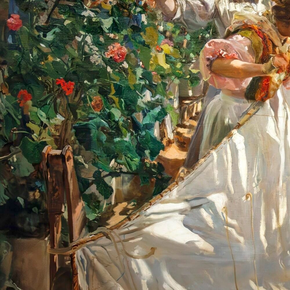 Detail of Sewing the Sail by Joaquin Sorolla showing the brushwork and surface texture of the painting Detail of Sewing the Sail by Joaquin Sorolla showing the brushwork and surface texture of the painting