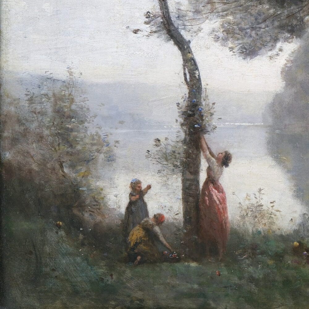 Detail of Souvenir de Mortefontaine by Jean-Baptiste-Camille Corot showing the brushwork and surface texture of the painting Detail of Souvenir de Mortefontaine by Jean-Baptiste-Camille Corot showing the brushwork and surface texture of the painting