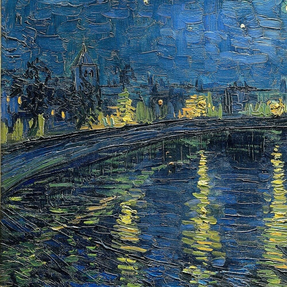 Detail of Starry Night Over the Rhone by Vincent van Gogh showing the brushwork and surface texture of the painting Detail of Starry Night Over the Rhone by Vincent van Gogh showing the brushwork and surface texture of the painting