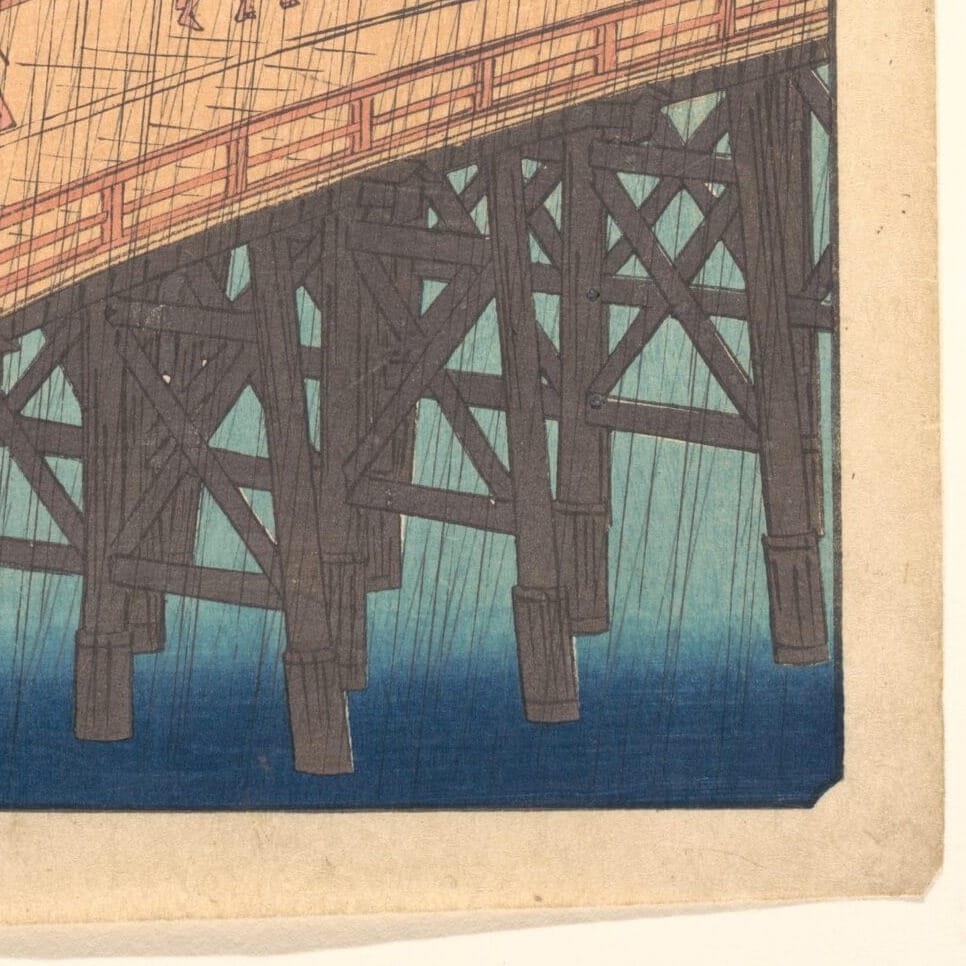 Detail of Sudden Shower over Shin-Ohashi Bridge and Atake by Utagawa Hiroshige showing the brushwork and surface texture of the painting Detail of Sudden Shower over Shin-Ohashi Bridge and Atake by Utagawa Hiroshige showing the brushwork and surface texture of the painting