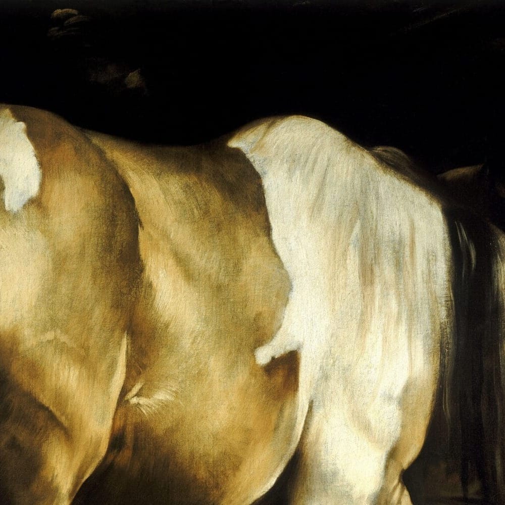 Detail of The Conversion of Saint Paul by Caravaggio showing the brushwork and surface texture of the painting Detail of The Conversion of Saint Paul by Caravaggio showing the brushwork and surface texture of the painting