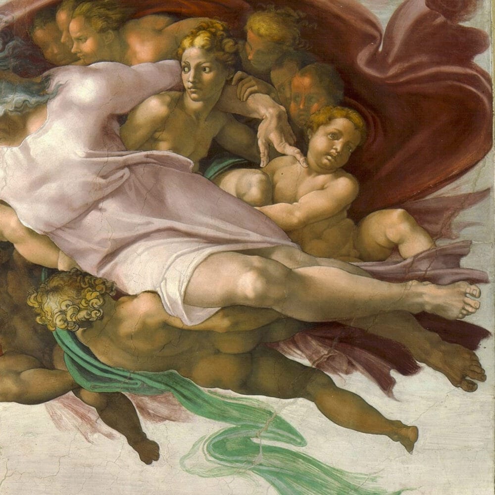 Detail of The Creation Of Adam by Michelangelo showing the brushwork and surface texture of the painting Detail of The Creation Of Adam by Michelangelo showing the brushwork and surface texture of the painting