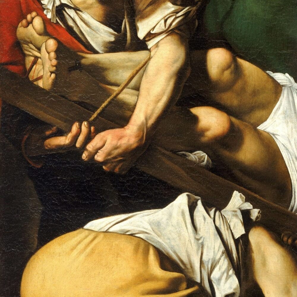 Detail of The Crucifixion of Saint Peter by Caravaggio showing the brushwork and surface texture of the painting Detail of The Crucifixion of Saint Peter by Caravaggio showing the brushwork and surface texture of the painting