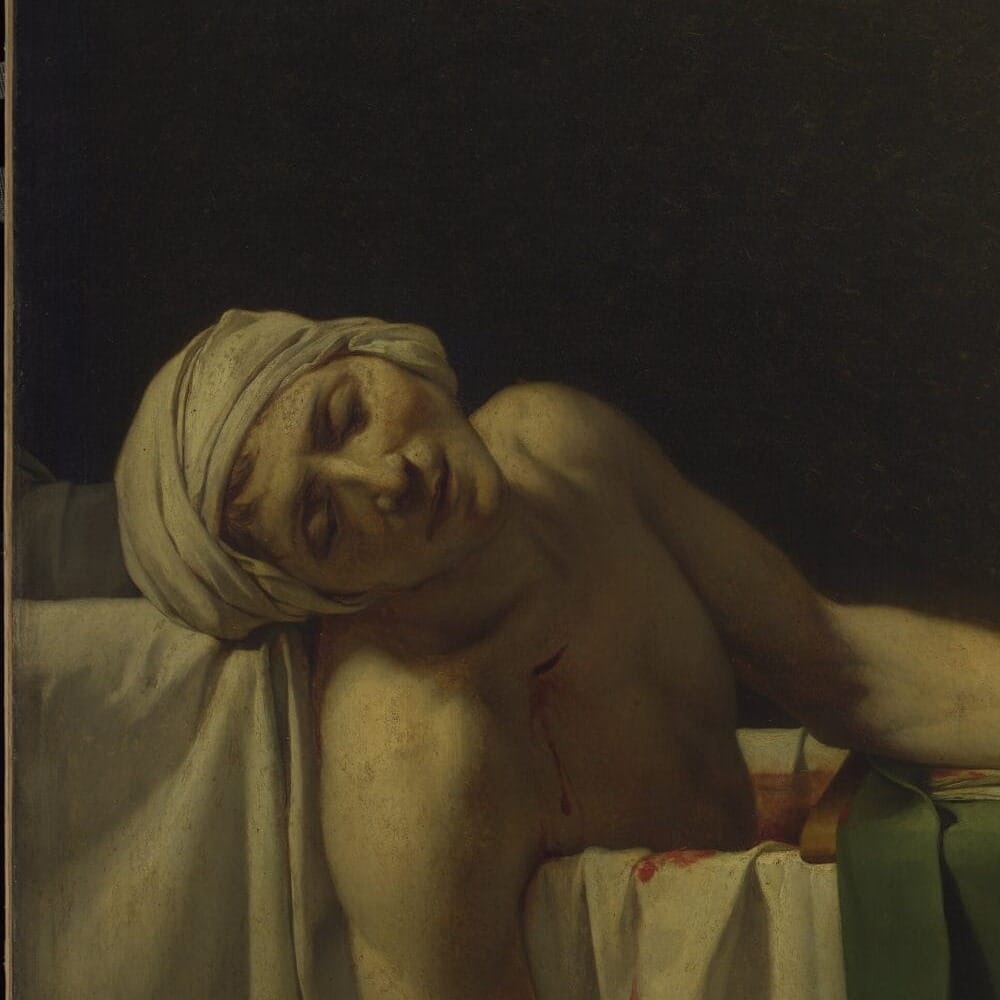 Detail of The Death of Marat by Jacques-Louis David showing the brushwork and surface texture of the painting Detail of The Death of Marat by Jacques-Louis David showing the brushwork and surface texture of the painting