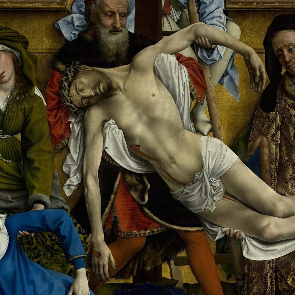 Detail of The Descent from the Cross by Rogier van der Weyden showing the brushwork and surface texture of the painting Detail of The Descent from the Cross by Rogier van der Weyden showing the brushwork and surface texture of the painting