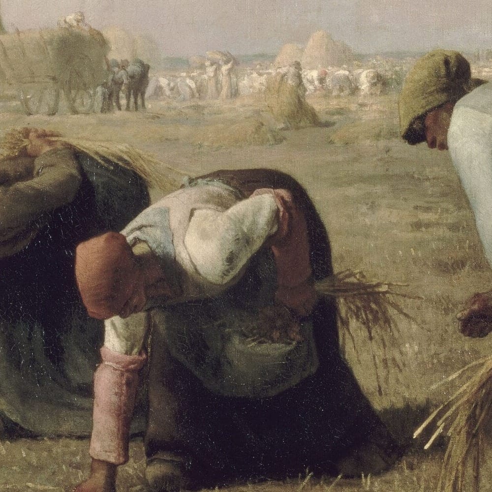 Detail of The Gleaners by Jean-Francois Millet showing the brushwork and surface texture of the painting Detail of The Gleaners by Jean-Francois Millet showing the brushwork and surface texture of the painting