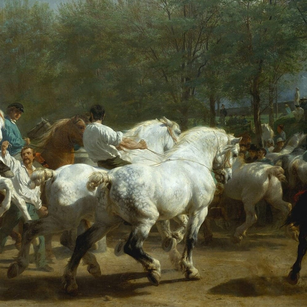 Detail of The Horse Fair by Rosa Bonheur showing the brushwork and surface texture of the painting Detail of The Horse Fair by Rosa Bonheur showing the brushwork and surface texture of the painting