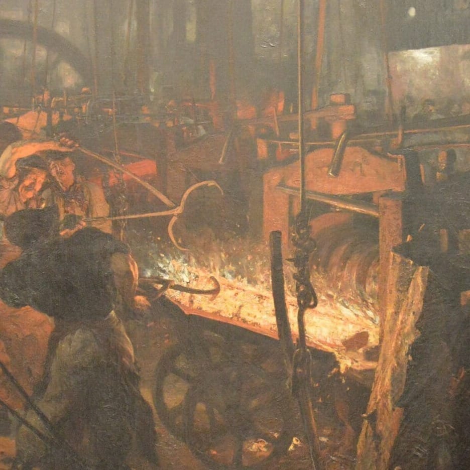 Detail of The Iron Rolling Mill by Adolph Menzel showing the brushwork and surface texture of the painting Detail of The Iron Rolling Mill by Adolph Menzel showing the brushwork and surface texture of the painting