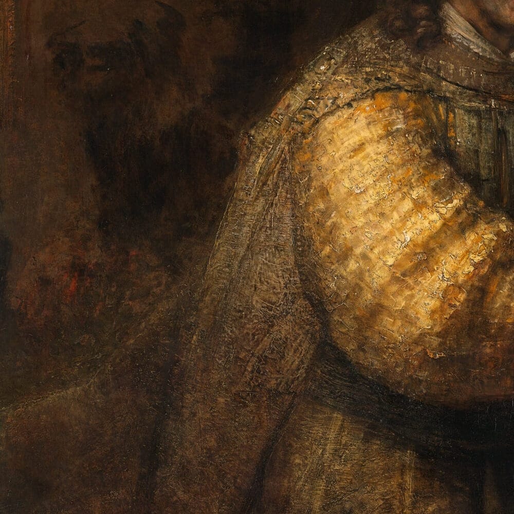 Detail of The Jewish Bride by Rembrandt van Rijn showing the brushwork and surface texture of the painting Detail of The Jewish Bride by Rembrandt van Rijn showing the brushwork and surface texture of the painting