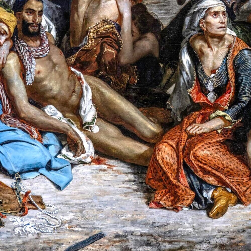 Detail of The Massacre at Chios by Eugene Delacroix showing the brushwork and surface texture of the painting Detail of The Massacre at Chios by Eugene Delacroix showing the brushwork and surface texture of the painting