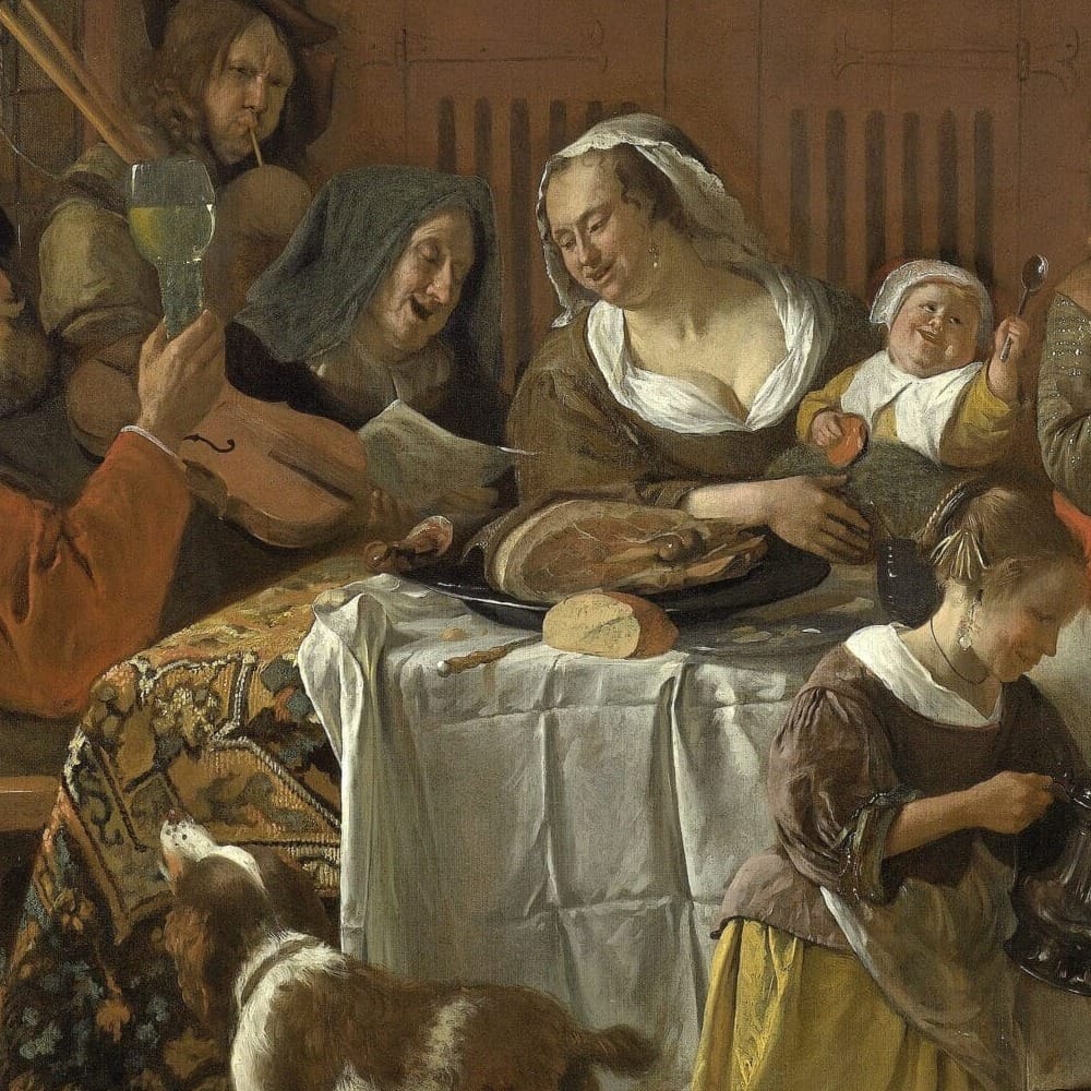Detail of The Merry Family by Jan Steen showing the brushwork and surface texture of the painting Detail of The Merry Family by Jan Steen showing the brushwork and surface texture of the painting