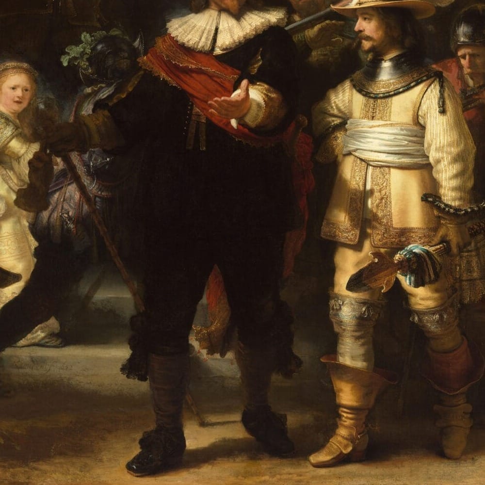 Detail of The Night Watch by Rembrandt van Rijn showing the brushwork and surface texture of the painting Detail of The Night Watch by Rembrandt van Rijn showing the brushwork and surface texture of the painting