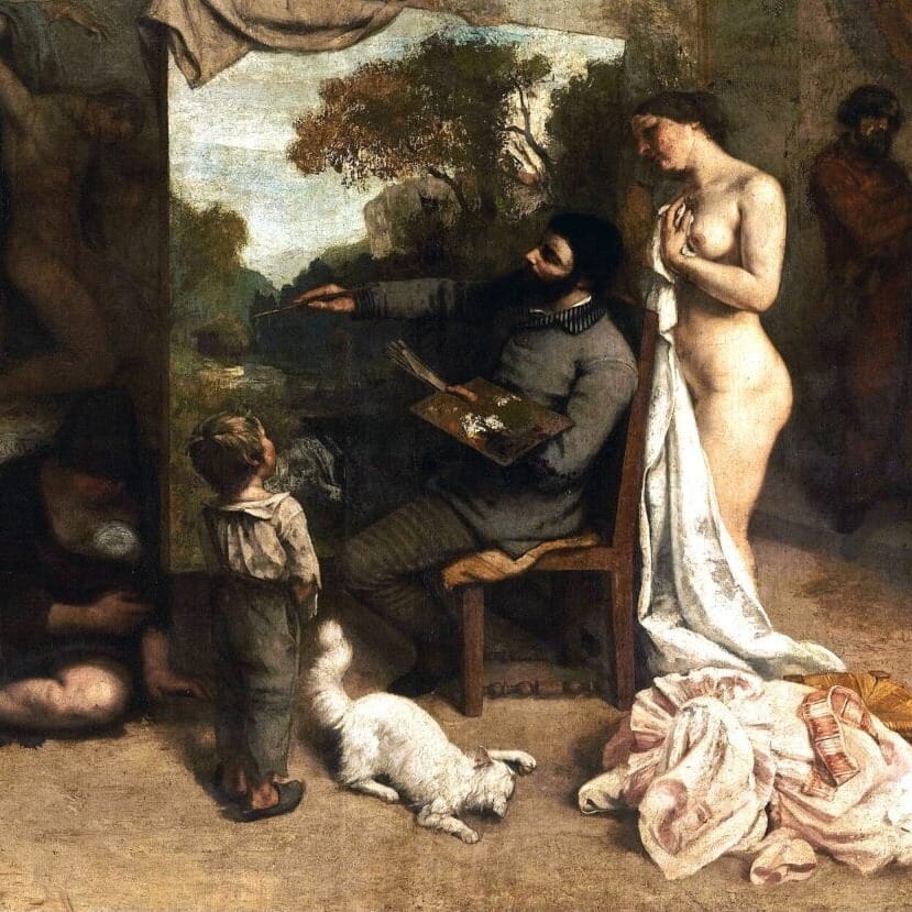 Detail of The Painter's Studio by Gustave Courbet showing the brushwork and surface texture of the painting Detail of The Painter's Studio by Gustave Courbet showing the brushwork and surface texture of the painting