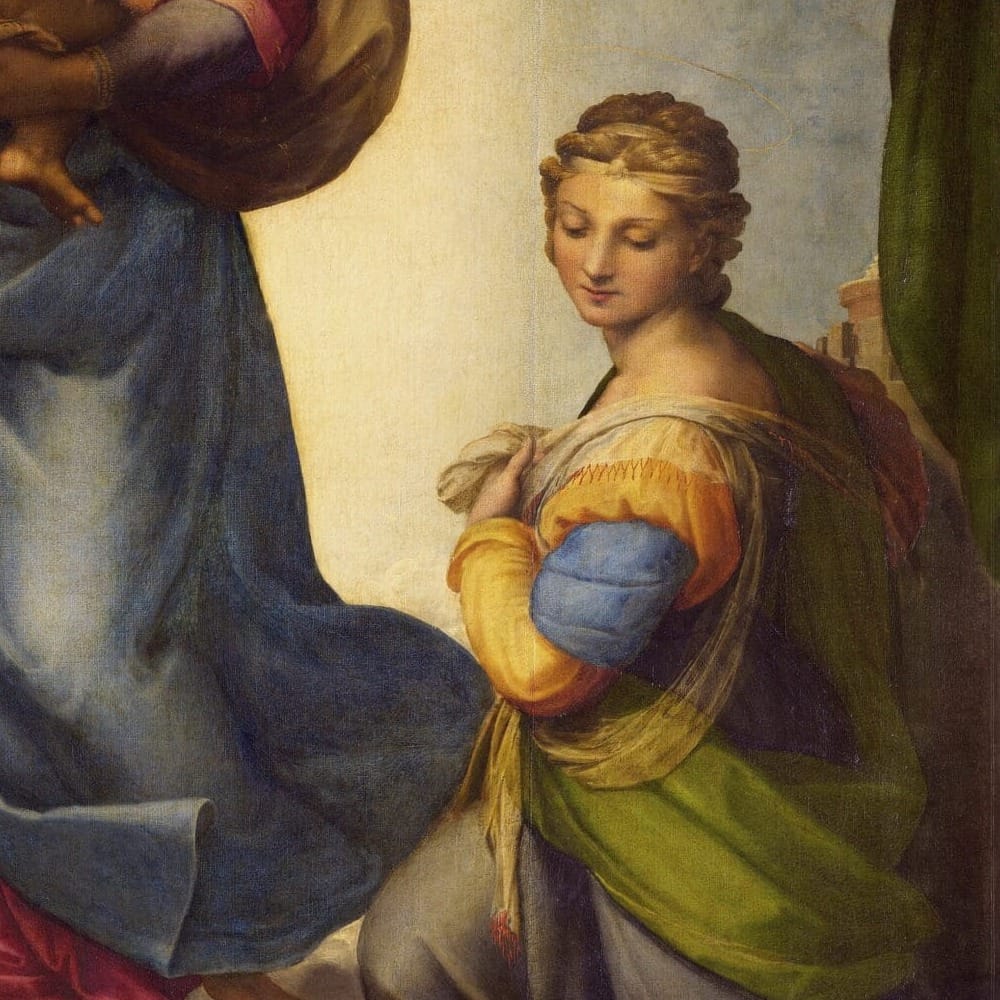Detail of The Sistine Madonna by Raphael showing the brushwork and surface texture of the painting Detail of The Sistine Madonna by Raphael showing the brushwork and surface texture of the painting