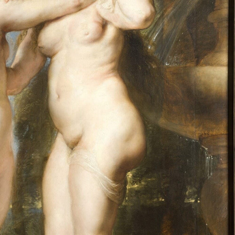 Detail of The Three Graces by Peter Paul Rubens showing the brushwork and surface texture of the painting Detail of The Three Graces by Peter Paul Rubens showing the brushwork and surface texture of the painting