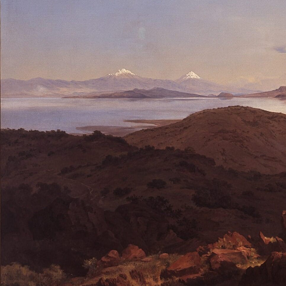Detail of The Valley of Mexico by Jose Maria Velasco showing the brushwork and surface texture of the painting Detail of The Valley of Mexico by Jose Maria Velasco showing the brushwork and surface texture of the painting