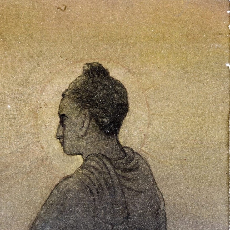 Detail of The Victory of Buddha by Abanindranath Tagore showing the brushwork and surface texture of the painting Detail of The Victory of Buddha by Abanindranath Tagore showing the brushwork and surface texture of the painting