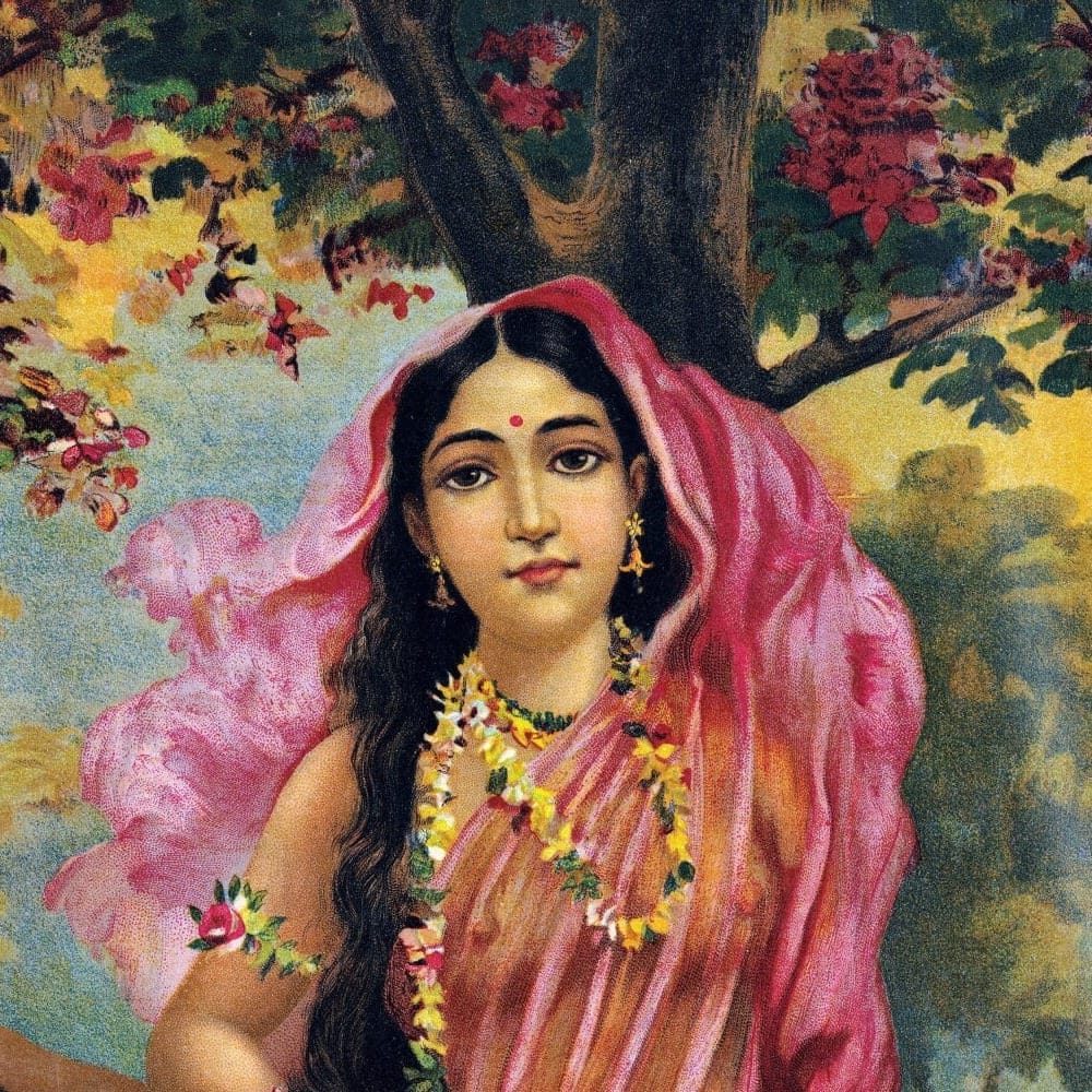 Detail of Vasantika by Raja Ravi Varma showing the brushwork and surface texture of the painting Detail of Vasantika by Raja Ravi Varma showing the brushwork and surface texture of the painting
