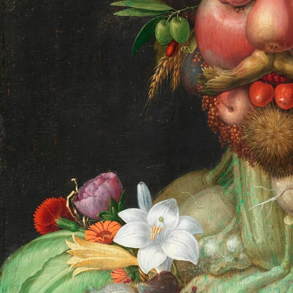 Detail of Vertumnus by Giuseppe Arcimboldo showing the brushwork and surface texture of the painting Detail of Vertumnus by Giuseppe Arcimboldo showing the brushwork and surface texture of the painting