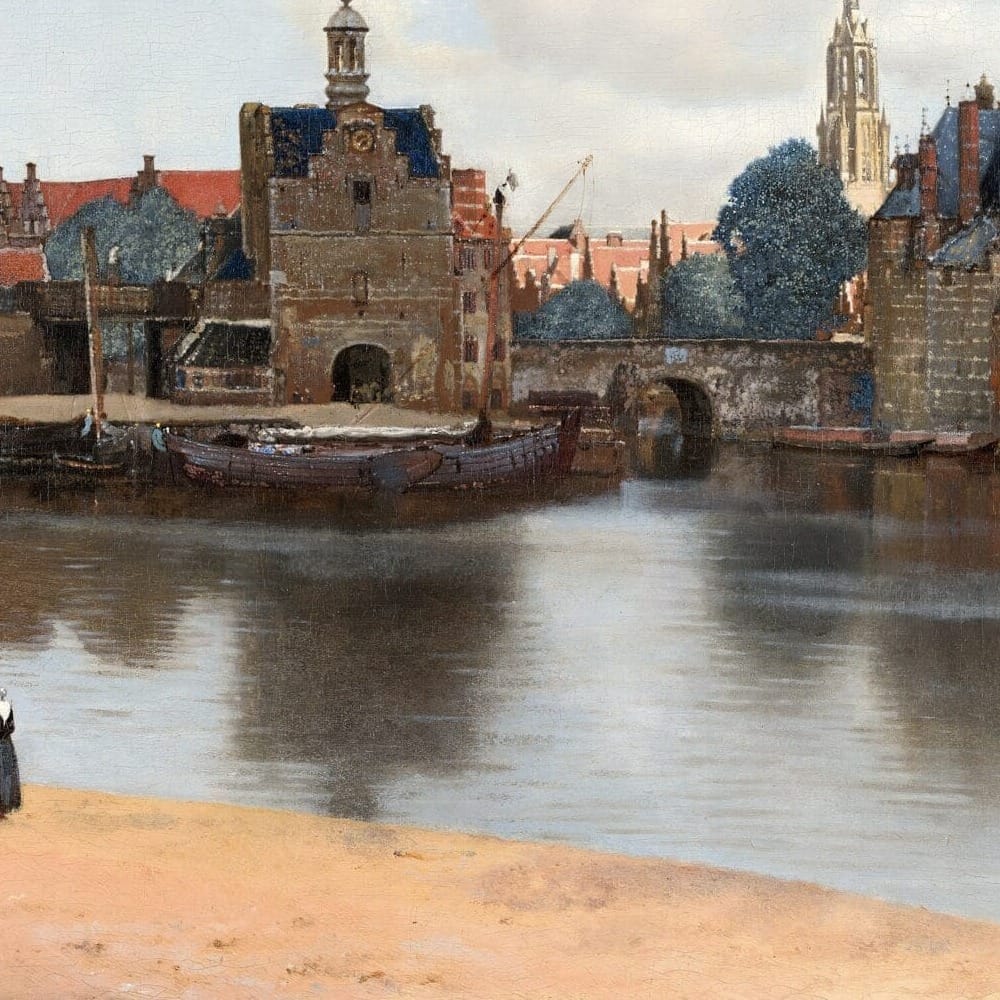 Detail of View of Delft by Johannes Vermeer showing the brushwork and surface texture of the painting Detail of View of Delft by Johannes Vermeer showing the brushwork and surface texture of the painting