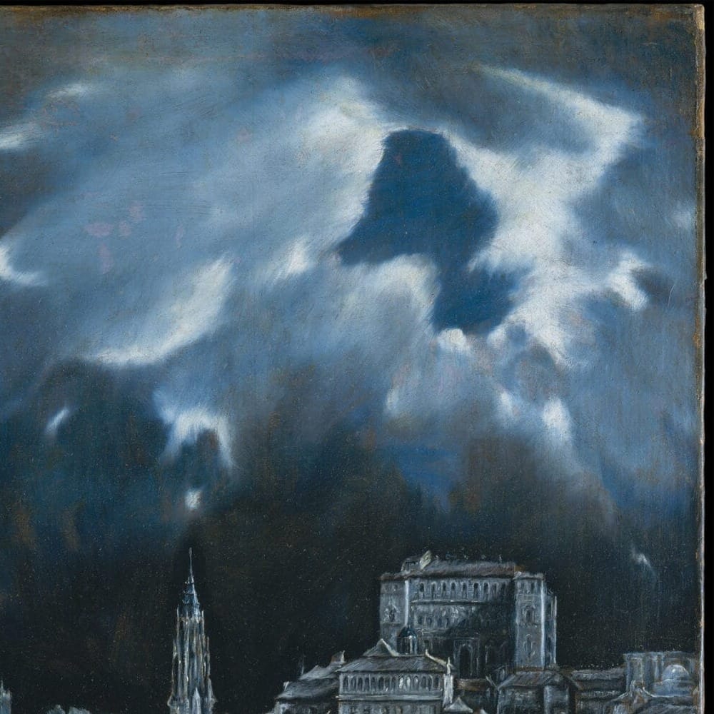 Detail of View of Toledo by El Greco showing the brushwork and surface texture of the painting Detail of View of Toledo by El Greco showing the brushwork and surface texture of the painting