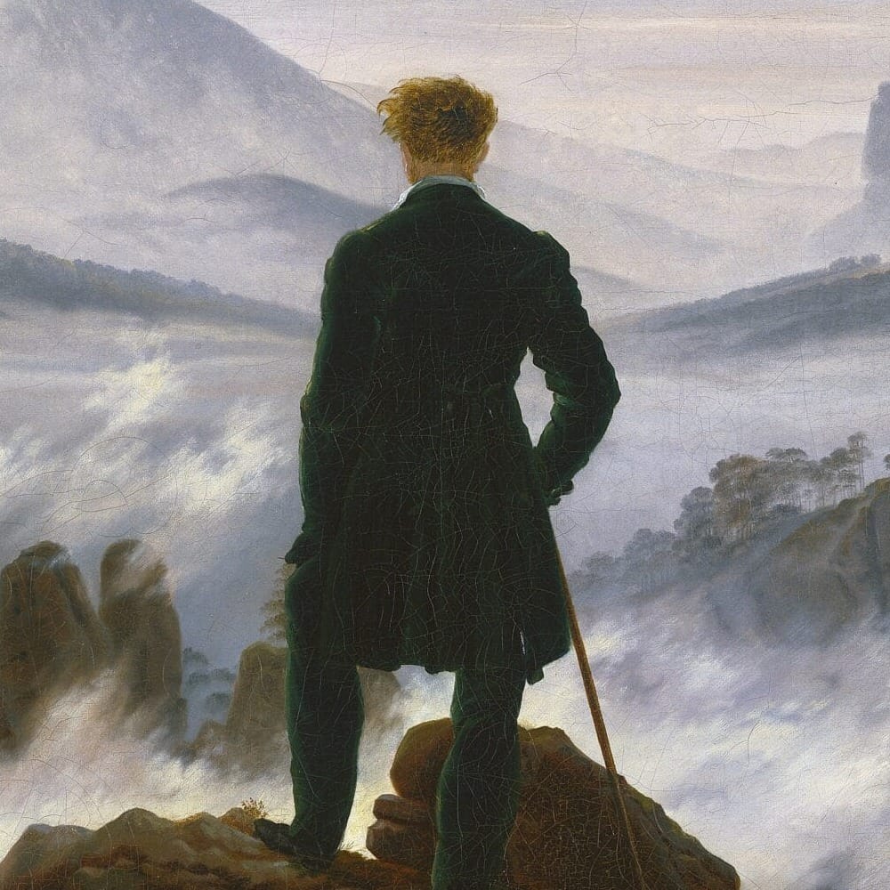 Detail of Wanderer above the Sea of Fog by Caspar David Friedrich showing the brushwork and surface texture of the painting Detail of Wanderer above the Sea of Fog by Caspar David Friedrich showing the brushwork and surface texture of the painting