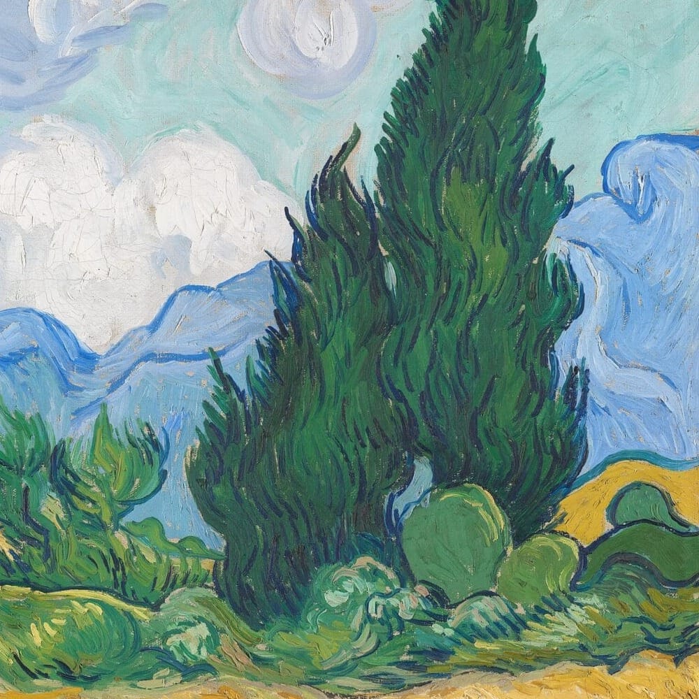Detail of Wheat Field with Cypresses by Vincent van Gogh showing the brushwork and surface texture of the painting Detail of Wheat Field with Cypresses by Vincent van Gogh showing the brushwork and surface texture of the painting