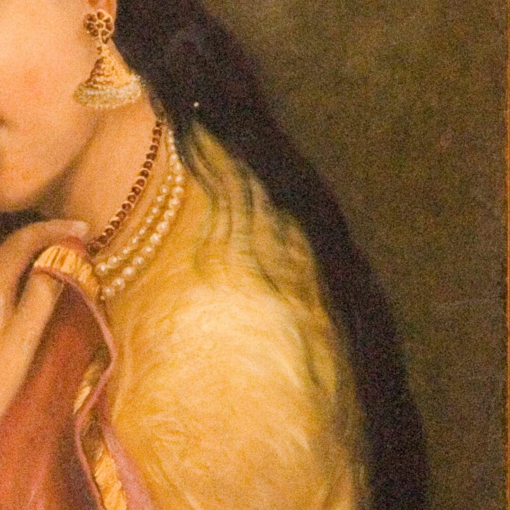 Detail of Woman Holding a Fruit by Paul Gauguin showing the brushwork and surface texture of the painting Detail of Woman Holding a Fruit by Paul Gauguin showing the brushwork and surface texture of the painting